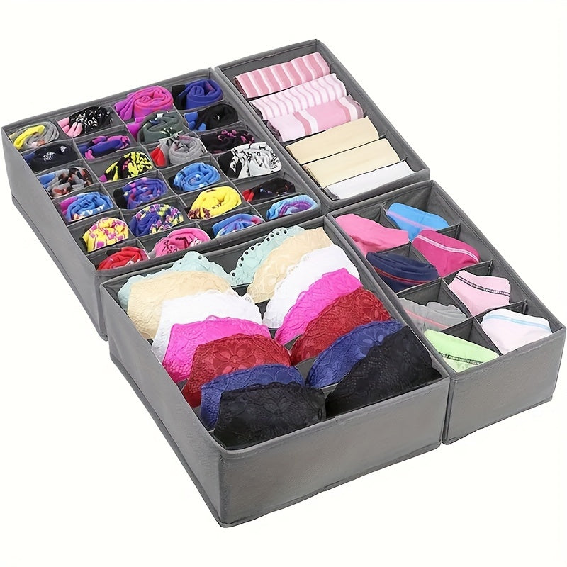 4 piece set of versatile sock and underwear organizers made of polyester that are foldable and hand washable, can also be used for storing bras, ties, and belts.