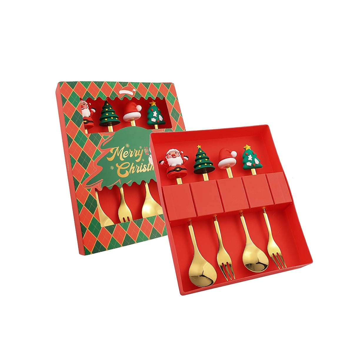 Set of 4/6 Christmas-themed stainless steel coffee spoons and forks in a red or green gift box for stirring beverages and desserts.