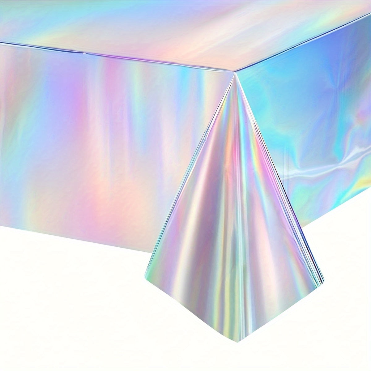 Disposable holographic tablecloth with a laser iris design, ideal for parties and events. Measures 137.16cm x 182.88cm.