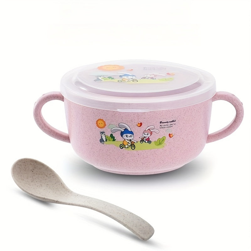 Cartoon-themed bowl with cutlery, insulated to prevent spills, featuring double handles and a lid. This versatile eating bowl is microwavable and perfect for serving fruits or snacks.