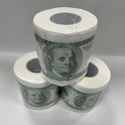 A humorous $100 bill toilet paper roll featuring money pattern design. Made of wood pulp paper tissue, this novel gift is perfect for household cleaning supplies, party supplies, party decor, home decor, or as a unique holiday gift.