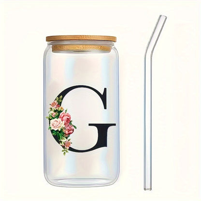 Alphabet flowers drinking glass with bamboo lid and straw, ideal birthday gift for women, friends, girls. 16 oz coffee glass, perfect for moms.