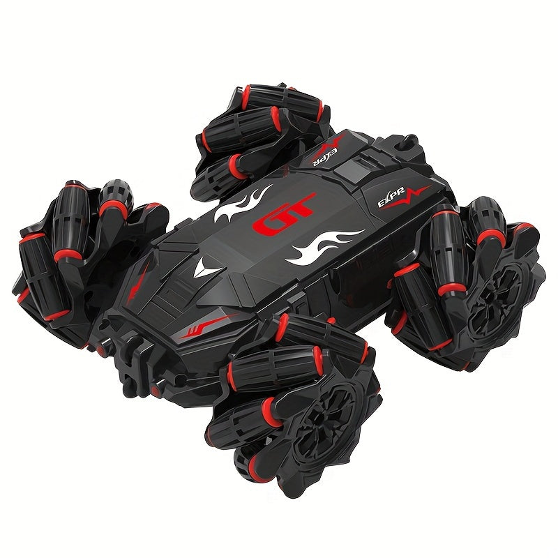 High-speed stunt drift remote control car for kids with gesture sensing, rechargeable, all-terrain vehicle with lights and sounds, USB charging. Black with red flames design, sporty and