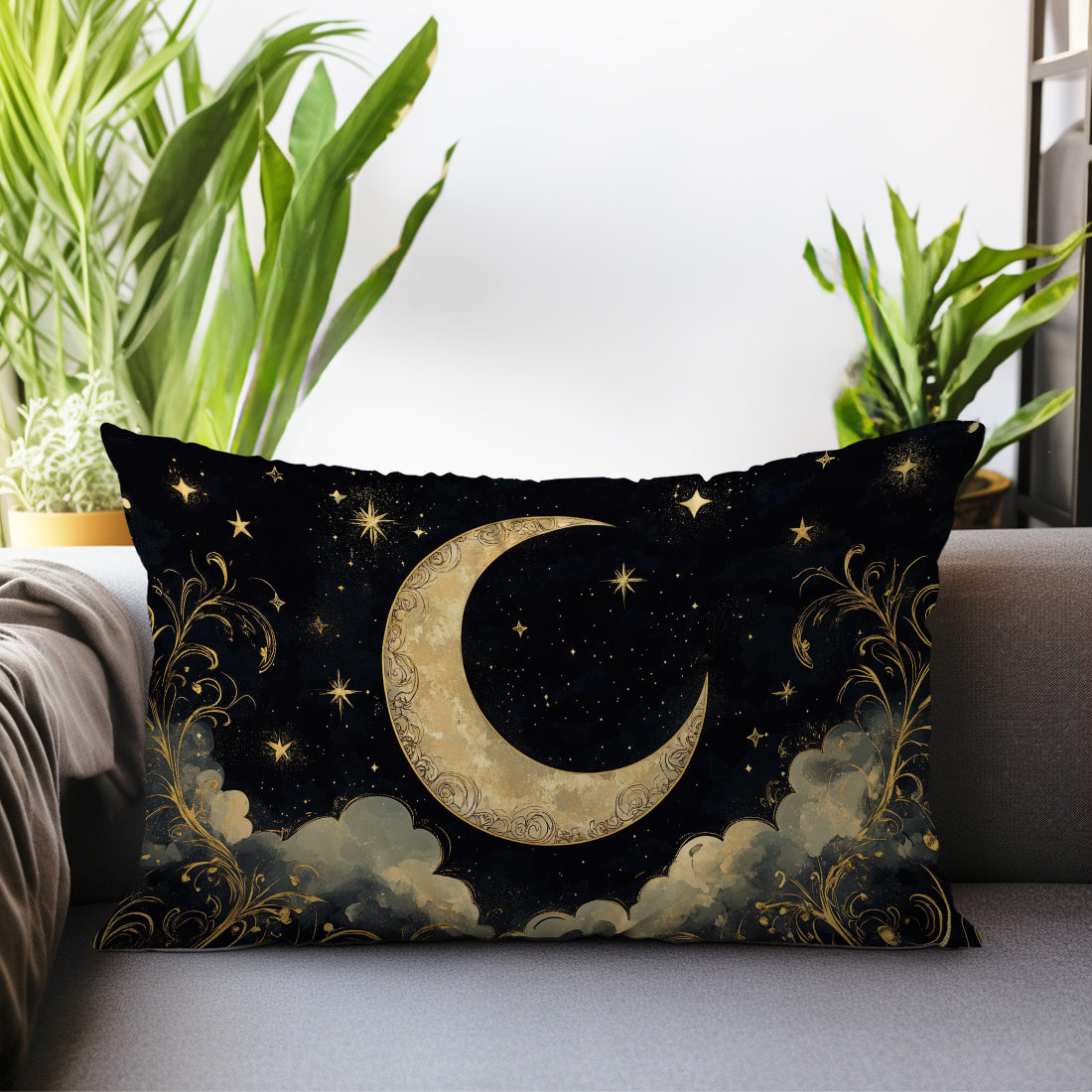 Contemporary crescent moon and stars print pillow cover, 30x50cm, made of soft peach skin velvet with zipper closure. Machine washable and suitable for various room types.