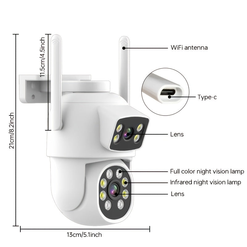 A single unit of a wireless PTZ security camera with dual lenses, featuring a 4MP resolution - 2MP fixed lens and 2MP rotating lens. Offers 1920p resolution and color night vision capabilities, along with two-way audio. IP65 waterproof and made of ABS