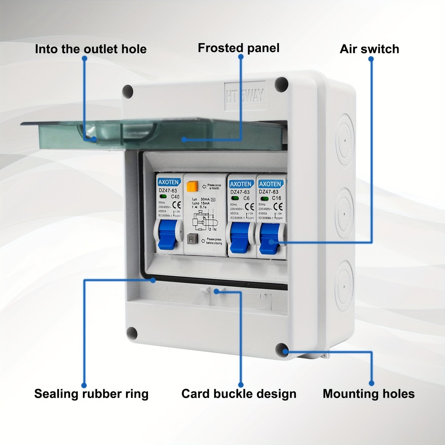 Surface-mounted 5/8/12-circuit micro circuit breaker combination switch box for home/office/shopping center power distribution.