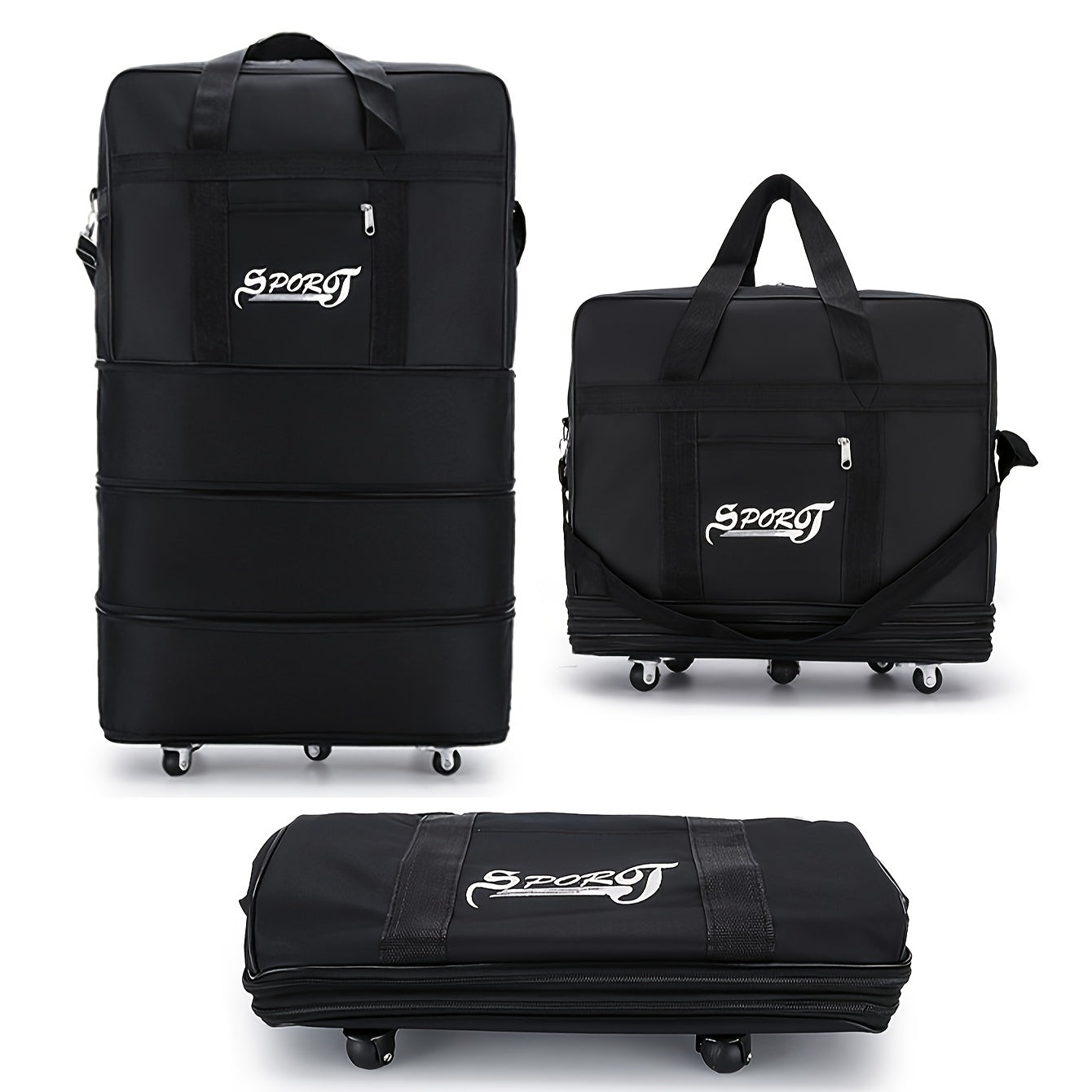 Foldable rolling travel luggage bag made of polyester with large capacity and wheels. Checked duffel bag with multi-tiered storage for men and women, ideal for travel, moving, and camping.