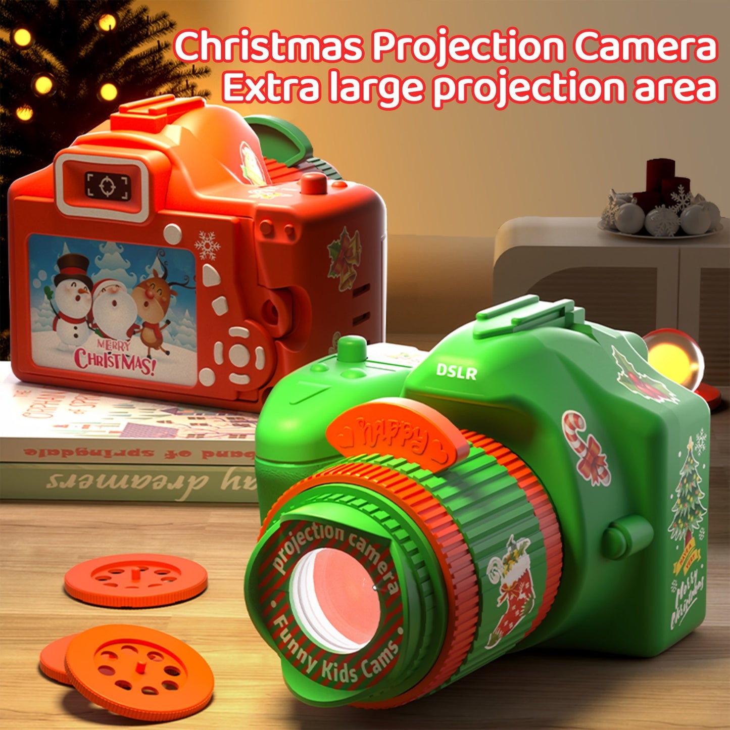 Christmas Projector Camera Toy for Kids - Green ABS Plastic Photo Lamp, Battery-Powered, Ideal for Halloween and Holiday Presents.