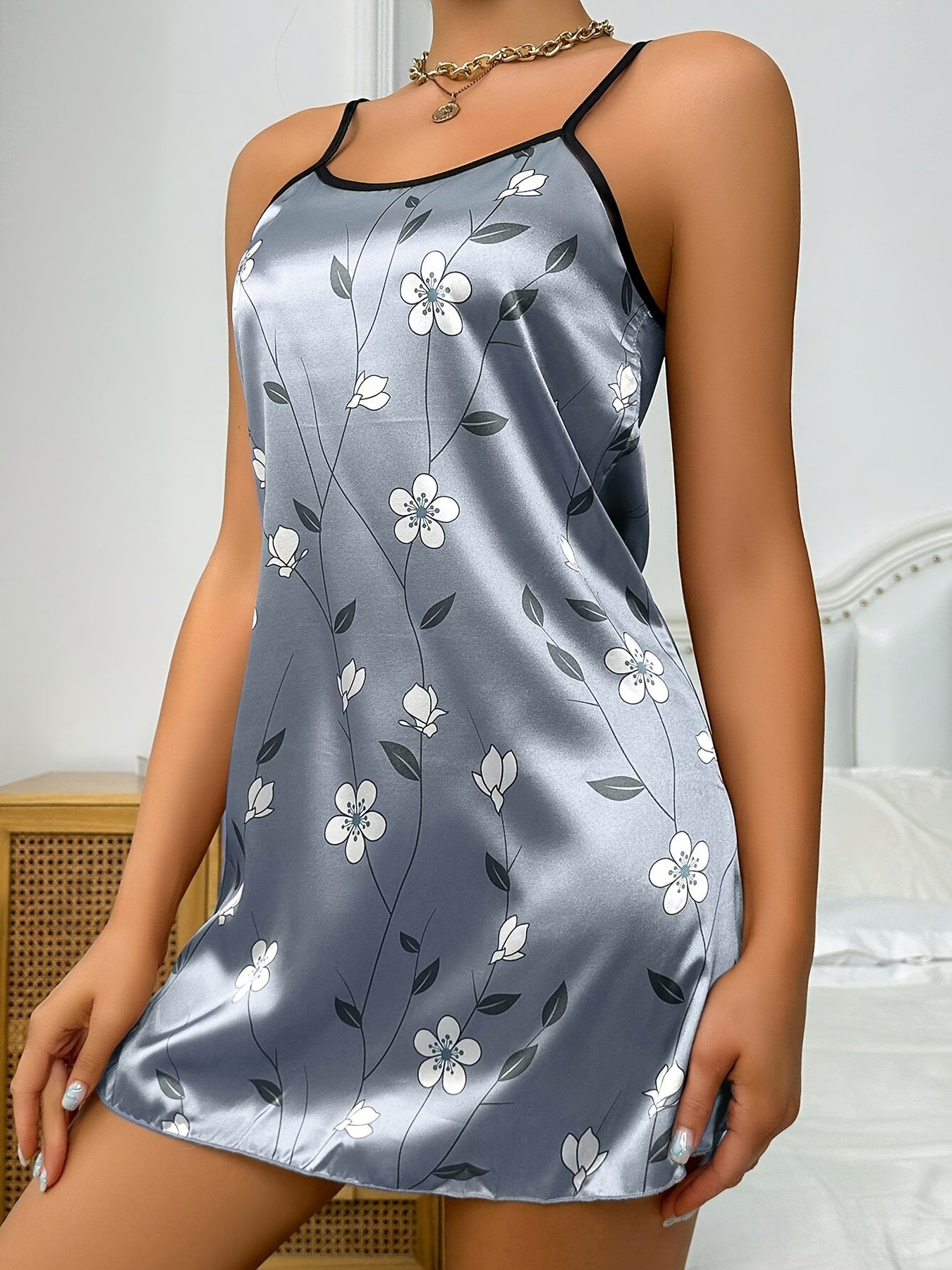 Floral satin nightgown, backless slip dress for women's sleepwear