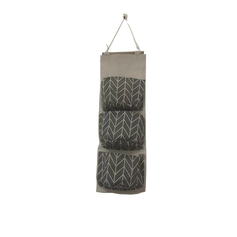 1pc Durable Linen Waterproof Hanging Storage Bag with 3-Tier Wall Mount and Wood Hanger for Home Organization.