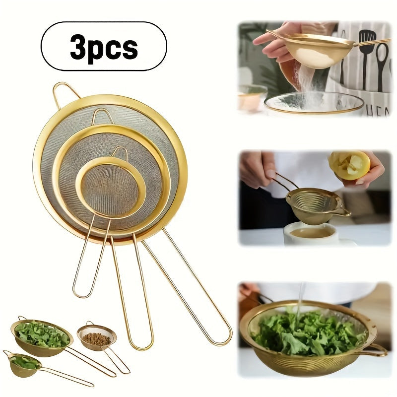 3-piece golden stainless steel strainer set for baking and cooking, perfect for home and restaurant use.