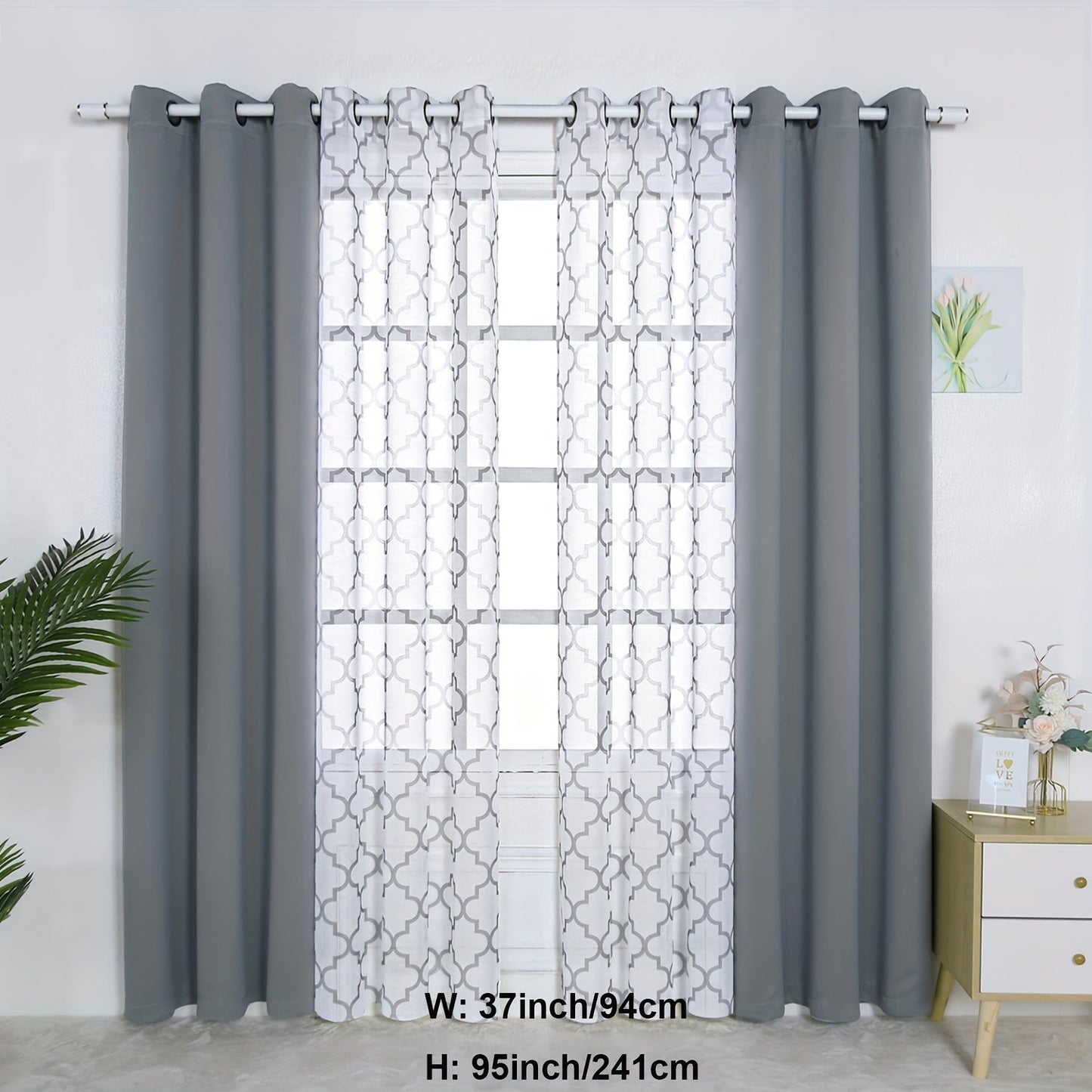 Blackout Curtains and Sheer Panels with Snowflake Pattern, Including Rods, Indoor Set of 4, Weighing 200 Grams in Total.