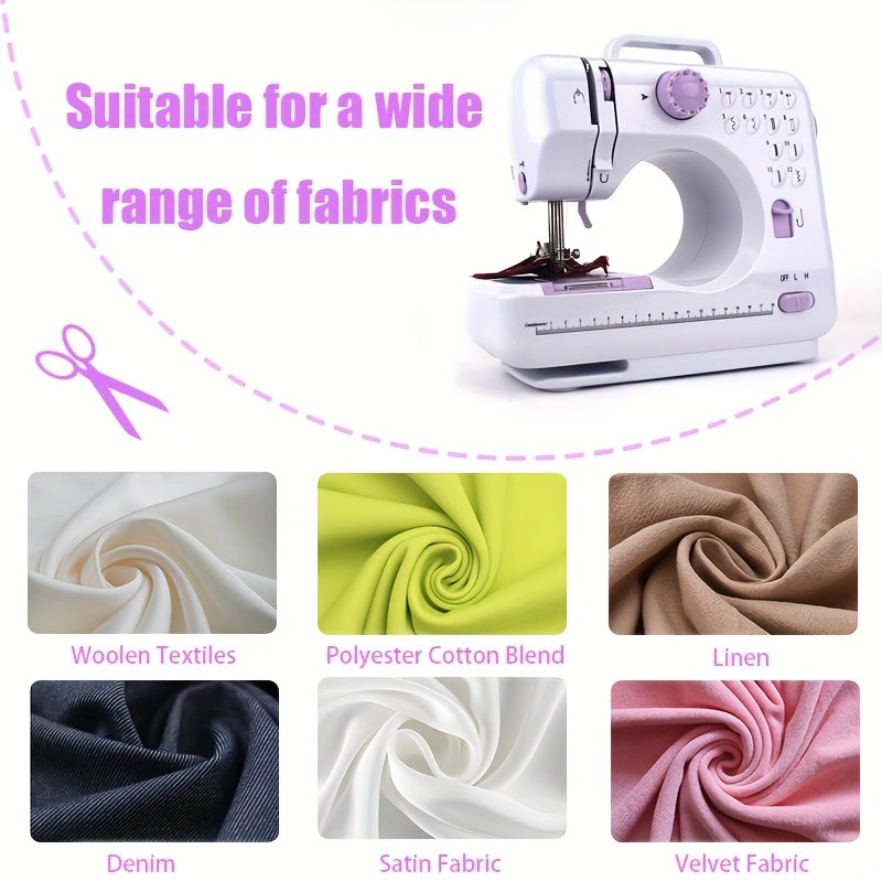 EU Regulation Mini Portable Electric Sewing Machine with 12 built-in modes. Ideal for beginners. Includes accessories such as bobbin pack, machine needle and threader. Can be powered by