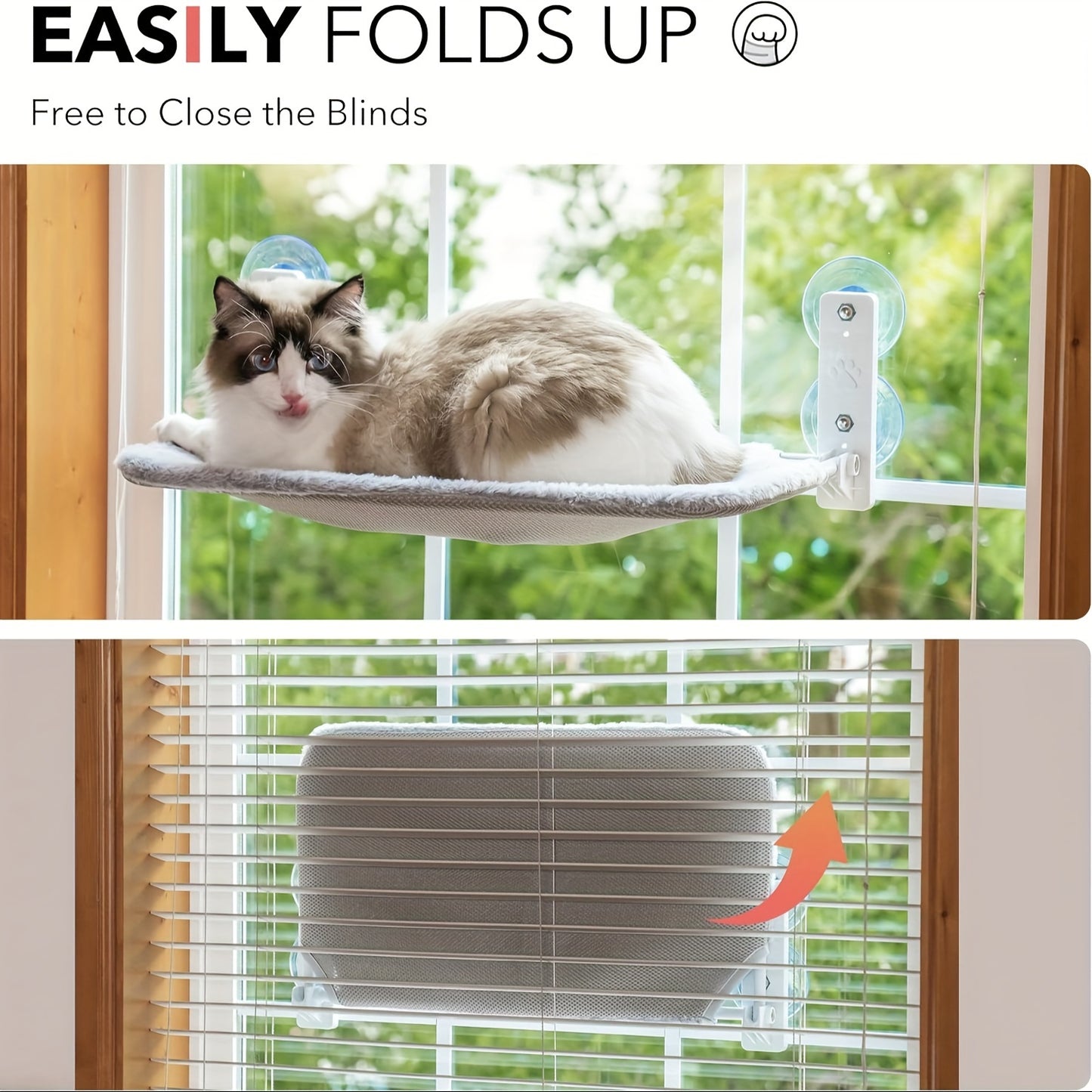 Foldable cat window perch hammock with steel frame and suction cups - reversible and easy-to-assemble indoor cat bed for sunbathing and birdwatching in grey.