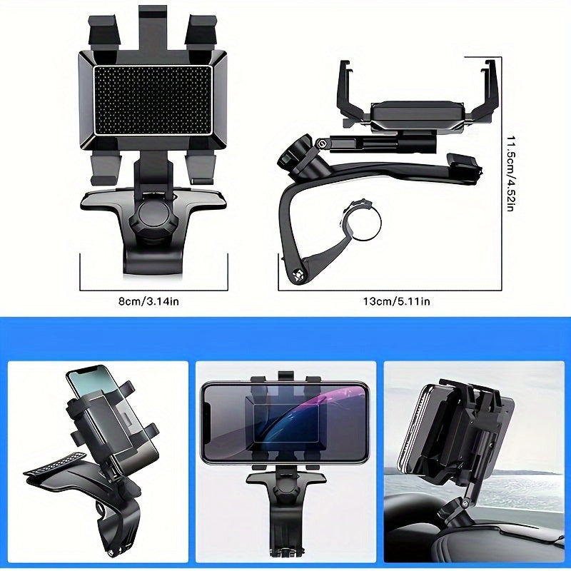 Rotating 360-degree car phone holder with parking number plate for dashboard navigation.