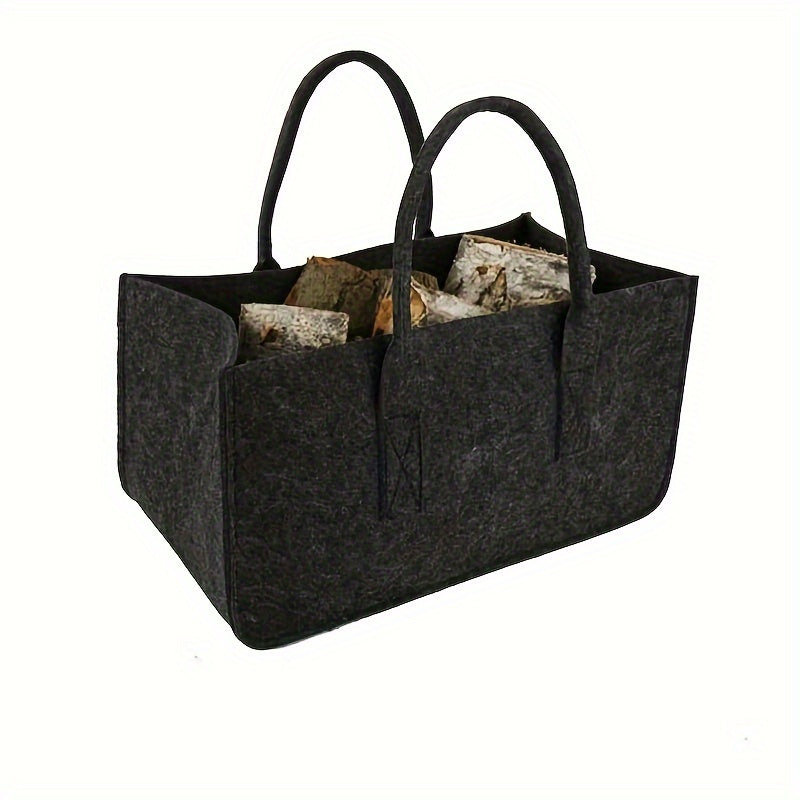 One piece of a portable transport basket designed to hold large amounts of firewood, made of durable felt material that can be reused for multiple seasons. This essential winter item is perfect for RV trips, outdoor camping, picnics, or using in the