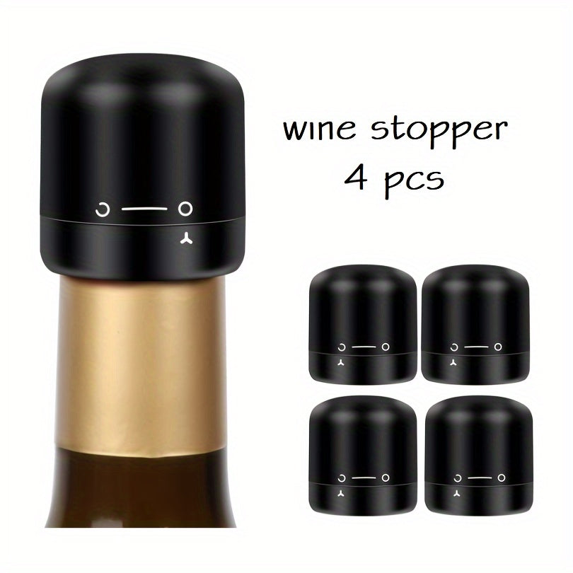 4 reusable, leakproof wine and champagne bottle stoppers in black for bars, restaurants, and hotels.