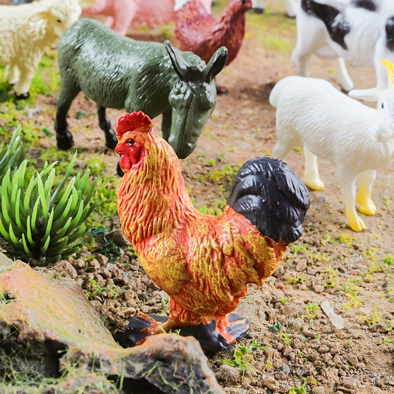 12-piece Farm Animal Figures Set for children aged 3-6, educational PVC miniature play animals featuring chickens, ducks, geese, horses, and cows for science and cognitive development.