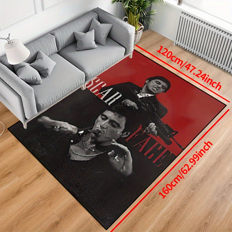 Area rug featuring a scarred man with a cigar and gun design, made of durable polyester, non-slip, and machine washable. Perfect for use in the living room, bedroom, hallway, or even outdoor spaces. Available in various sizes: 15x23, 19x31, 31x47, 39x59