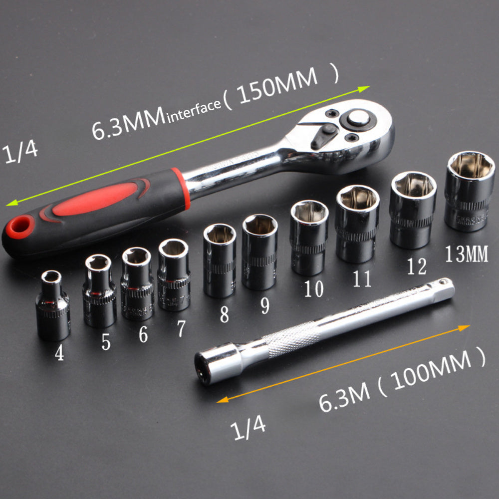 12-piece socket wrench set for bike repairs, with extension bars and ratchet handle for various vehicle maintenance.