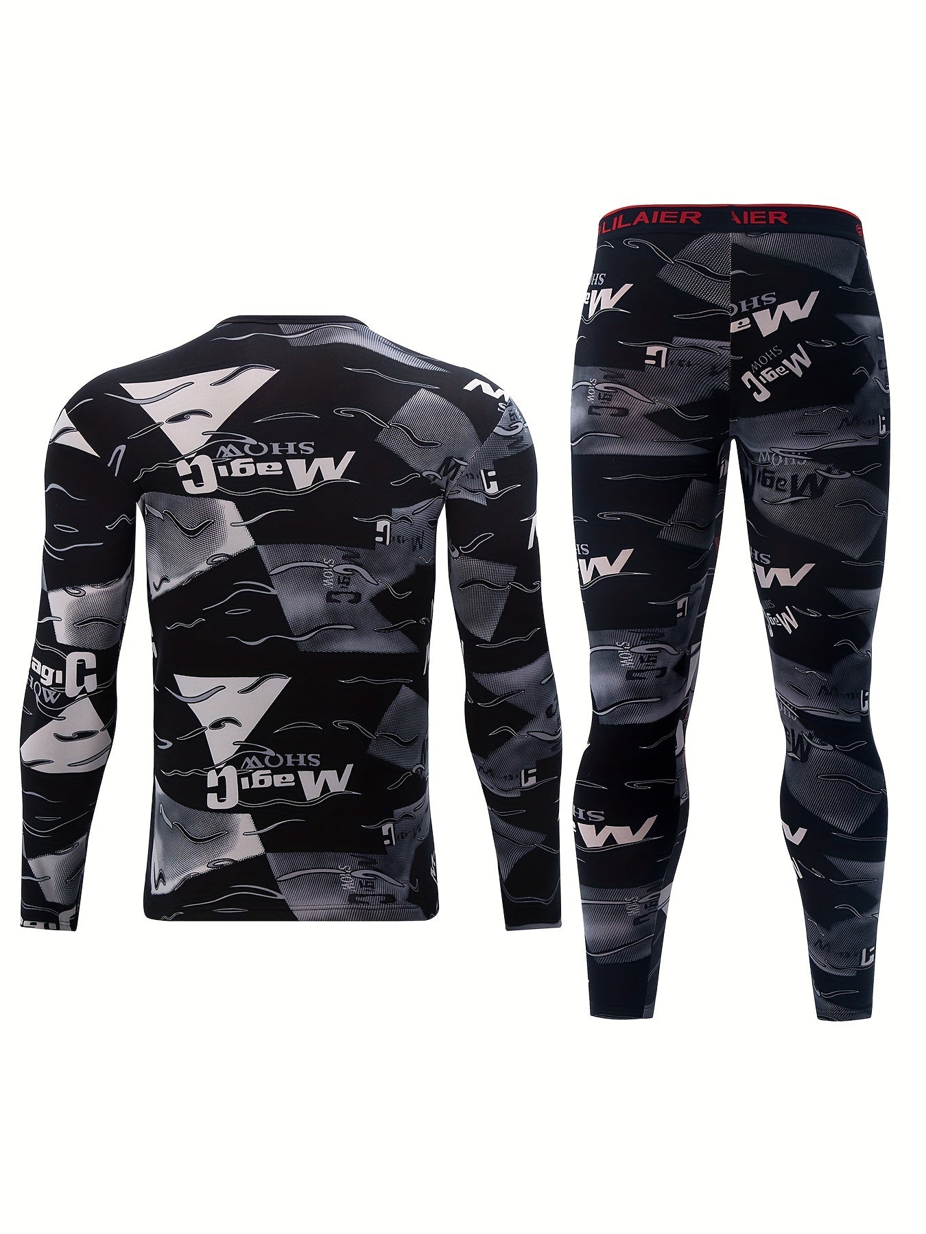 Men's thermal underwear set - Camouflage pattern, fleece-lined long sleeve crew neck top & leggings, stretchy polyester-elastane blend, warm base layer for winter skiing.