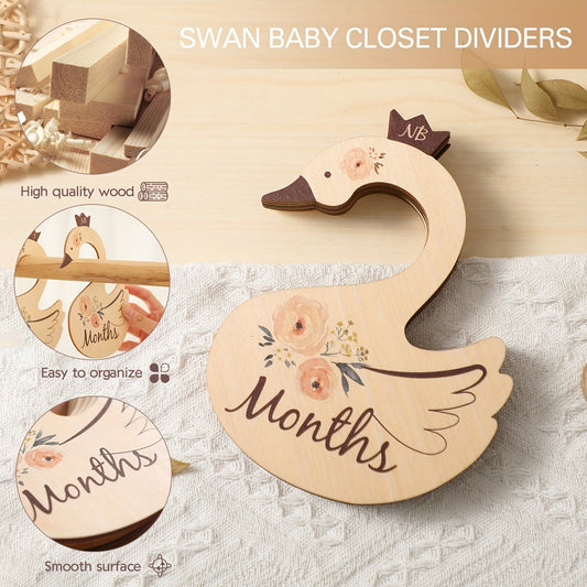 Wooden Closet Divider Set with 7 Pieces for Home Organization, Includes Clothing Size Dividers and Swan Wardrobe Sorting Hangers, Ideal for Clothes Organizing