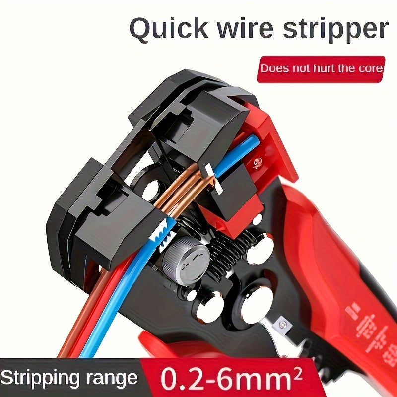 Electrician's automatic wire stripper for 24-10AWG range, with quick peel and cut capabilities. Ideal for home improvement, appliance repair, and auto maintenance. It features a non-slip