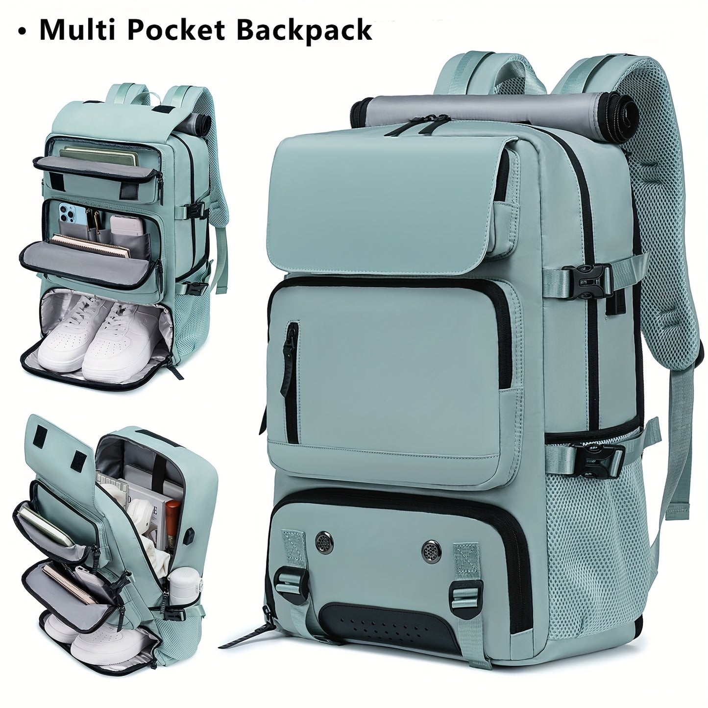 Waterproof backpack with USB port, trolley sleeve, shoe grid for outdoor activities.