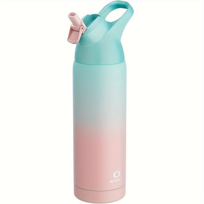 ENCOOL 24oz stainless steel water bottle with leak-proof Tritan lid, straw, and carry loop. Double wall insulated, PVC-free, round shape. Ideal for sports and travel. Hand wash only.