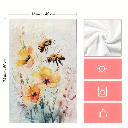 Set of 2 Ultra Plush Kitchen Towels featuring Watercolor Bee & Flower Design. Made of Highly Absorbent Polyester, these Dish Hand Towels are Machine Washable and Measure 40.64x60.96 cm. Ideal for Holiday Decor.