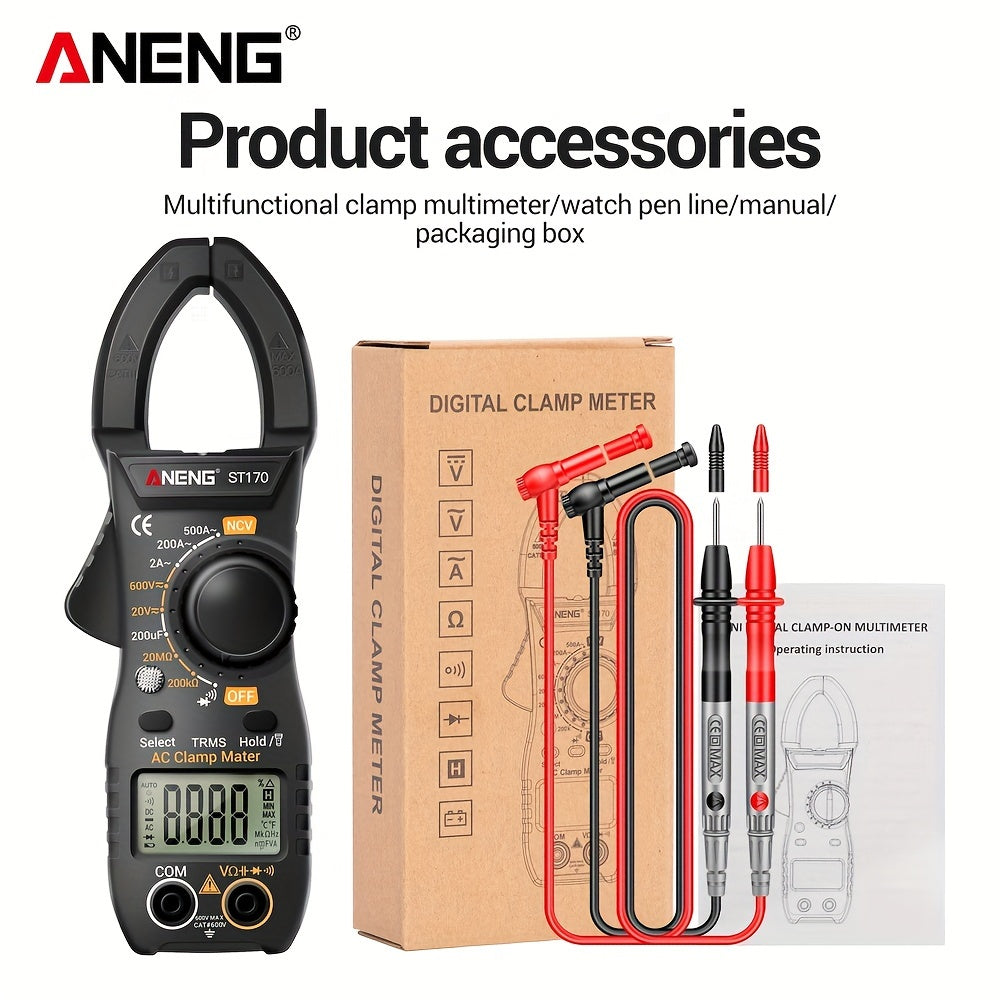 ANENG ST170 is a digital clamp meter with 500A AC current, 1999 counts, AC/DC voltage testing, Hz measurement, capacitance testing, non-contact voltage detection, resistance testing, and