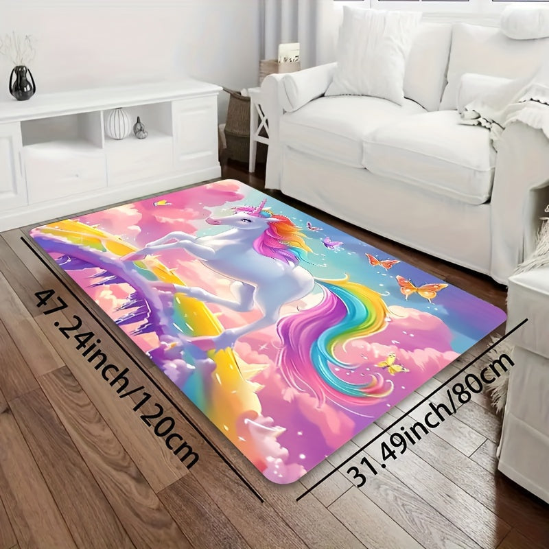 Add a touch of whimsy to your space with the Whimsy Woods Unicorn Area Mat. Made from durable 8mm thick polyester, this cartoon fantasy horse mat is perfect for the bedroom, living room, or entryway. It is machine washable and features a cute unicorn