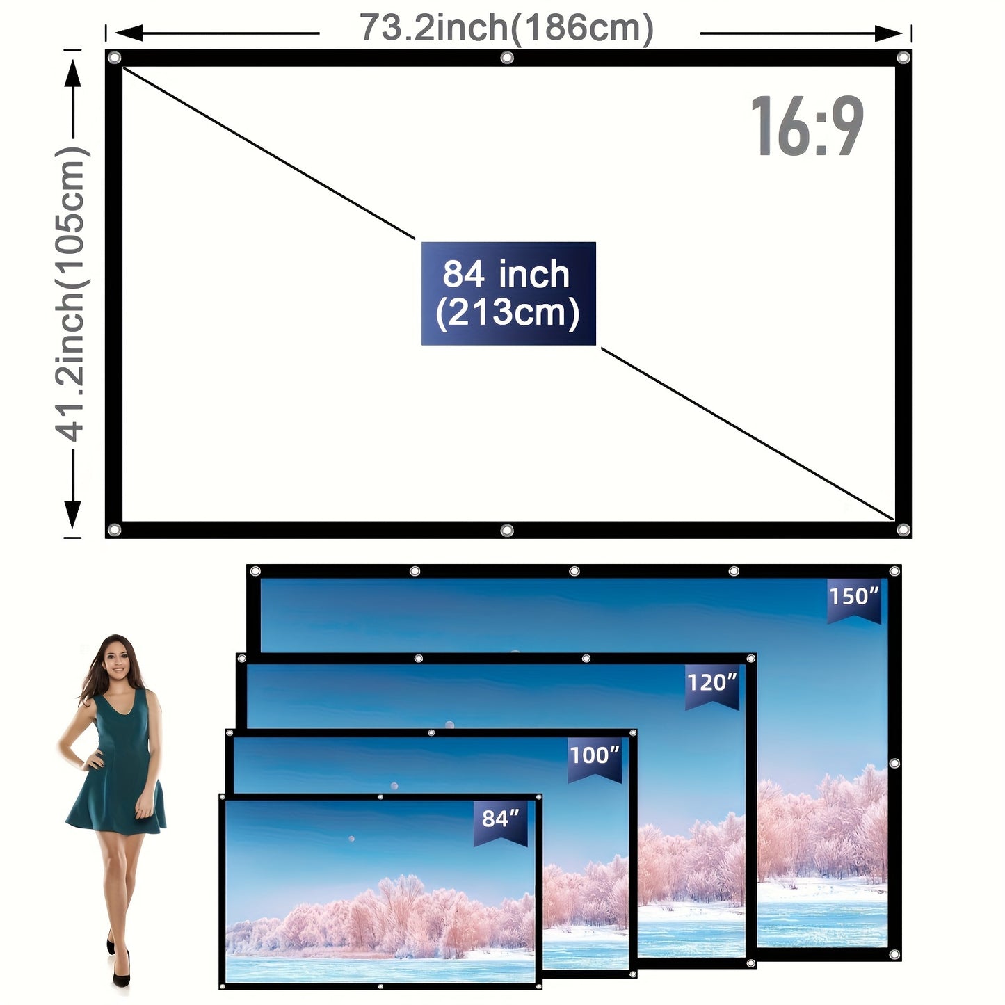 152.4cm, 182.88cm, 84in, 100in, 120in projector screen for indoor and outdoor use. Double-sided, foldable, portable, and wrinkle-resistant. Machine washable and suitable for home, party