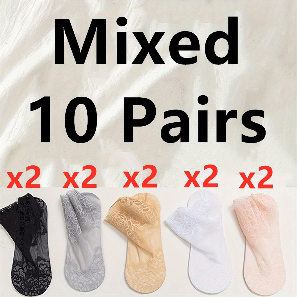 5 pairs of women's invisible boat socks featuring geometric-pattern lace floral trim, made of 95% polyester and 5% spandex knit fabric. Hand washable with contrast lace ankle socks.