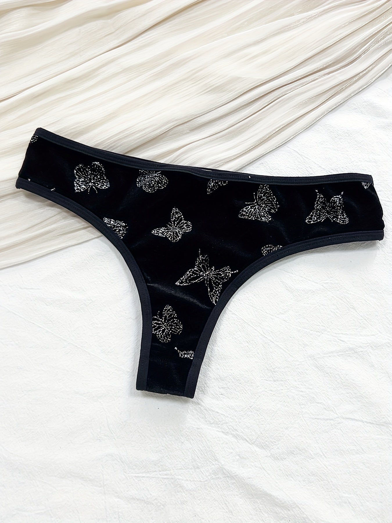 Velvet butterfly print cami bra and panties set, sexy lingerie for women.