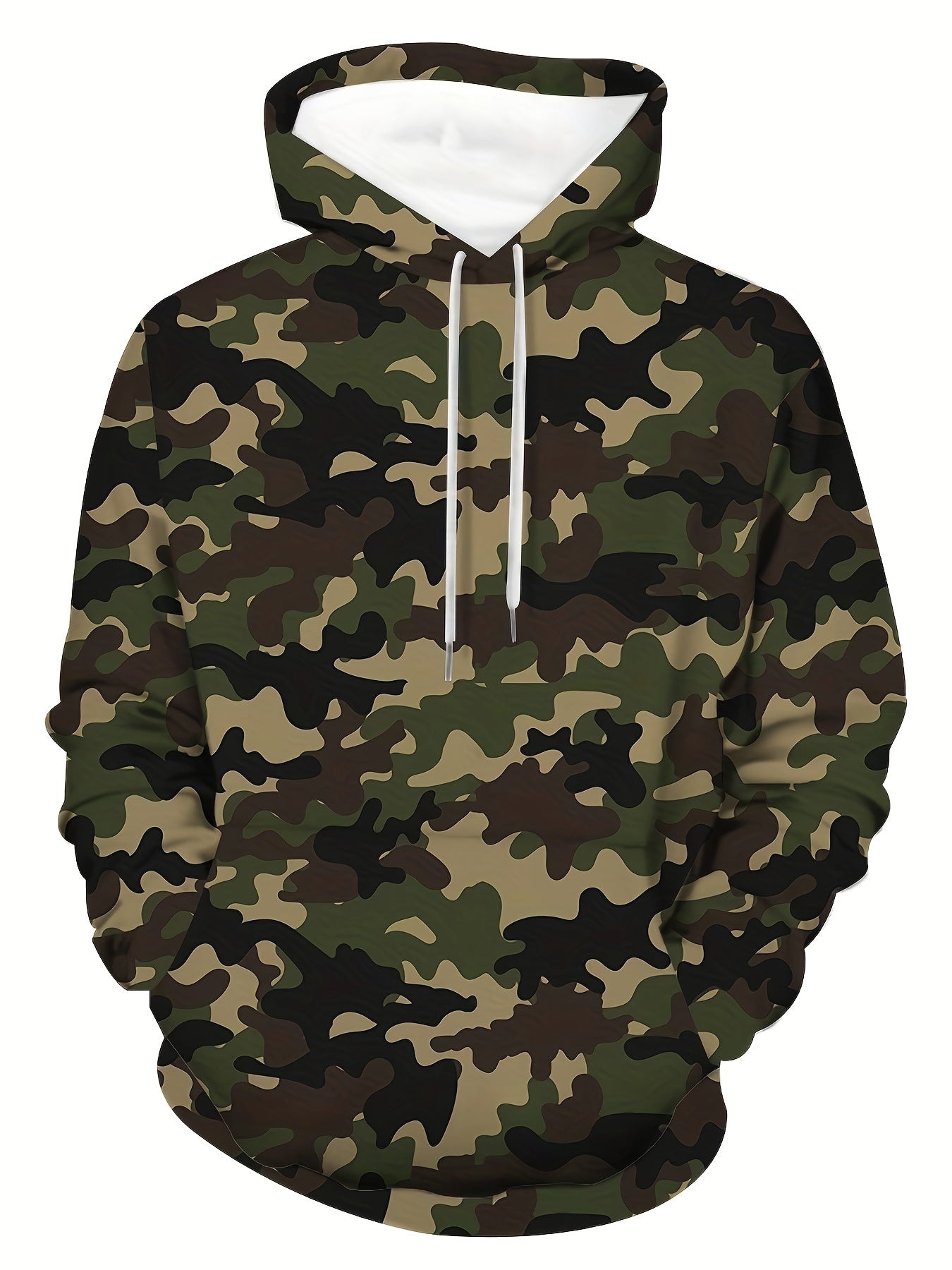 Stylish loose camouflage graphic hoodie for plus size men, ideal for outdoor activities.