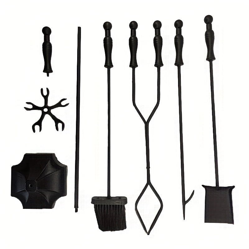 Black Metal Handle Wrought Iron Fireplace Accessories Set with Stand, Large Fire Pit Tongs, Amana Hair 5-Piece Fireplace Tool Set for Garden and Home Outdoor Use