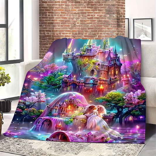 Soft Flannel Blanket with Fairy Forest Night View Castle Design for Home Decor, Camping, Office Use, and Lunch Breaks