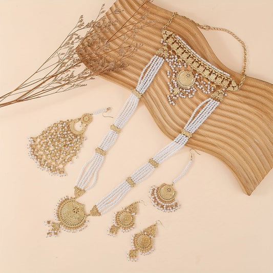 Chic and Elegant 5-Piece Bollywood-Inspired Choker Necklace Set with Matching Earrings, Headpiece, and Accessories in Imitation Pearl and Tassel Design, 14K Gold Plated Jewelry Set Perfect for Women. Great for Weddings, Banquets, and Formal Events -