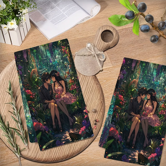 Set of 2 Kitchen Towels - Featuring an Anime Couple Sitting on a Heart Shaped Bench in a Botanical Garden Amidst Exotic Plants and Flowers. These Ultra Soft Towels Create a Luxurious and Romantic Atmosphere. Highly Absorbent and Perfect for Holiday