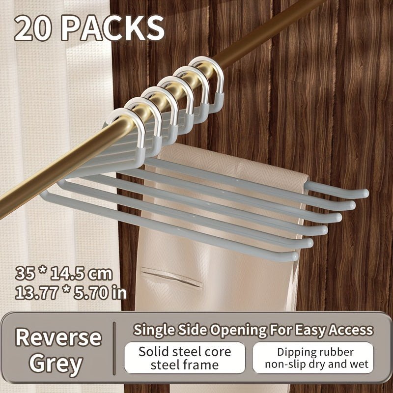 One set of 20pcs Goose-Neck Space-Saving Metal Pants Hangers, Non-slip Closet Organizers made of Durable Stainless Steel. Features Z-Shape design for Home Storage. Perfect for organizing clothes and maximizing space in your closet. Essential Home