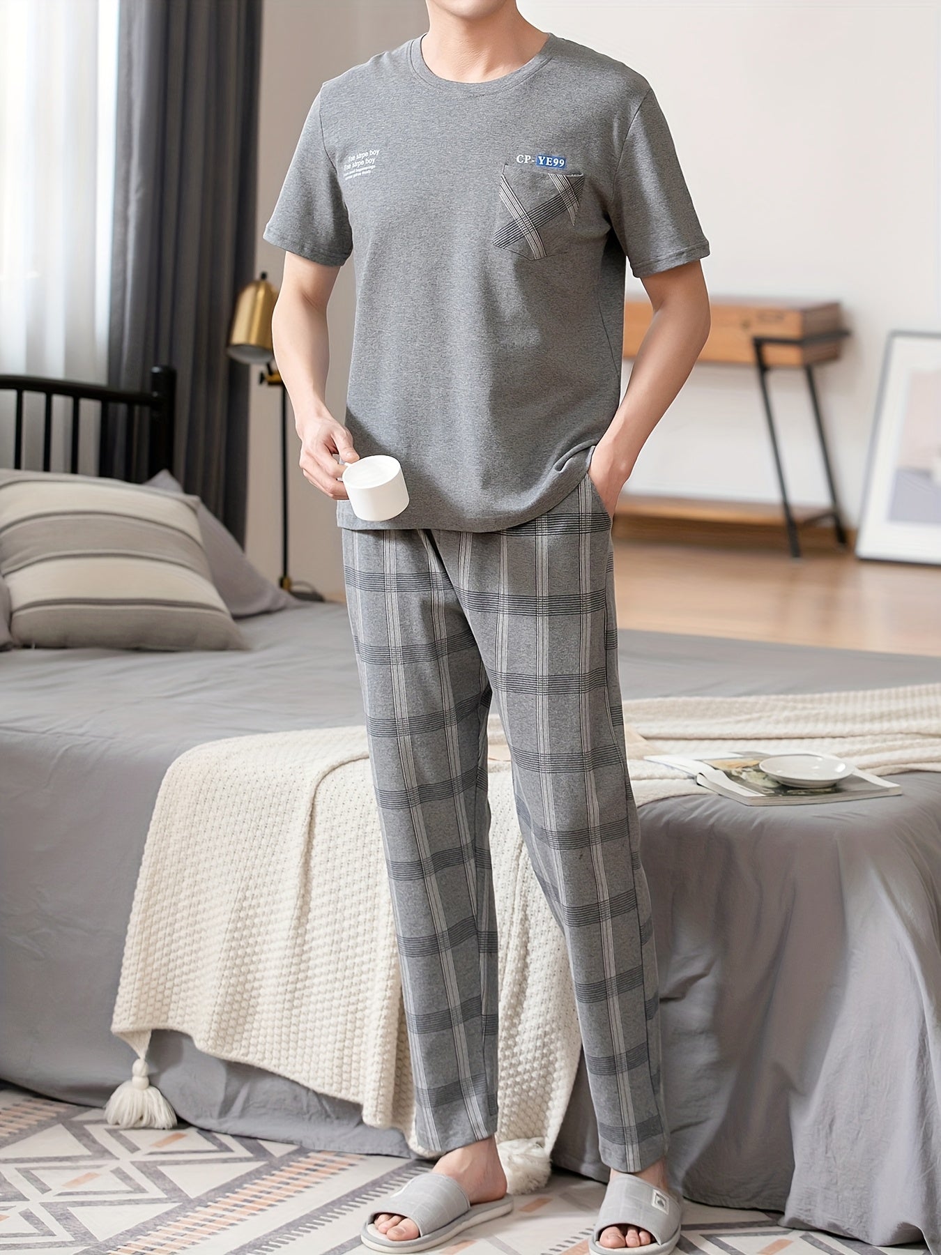 Men's summer pajamas made of pure cotton with short sleeves and long pants, lightweight and available in plus sizes for young adults.