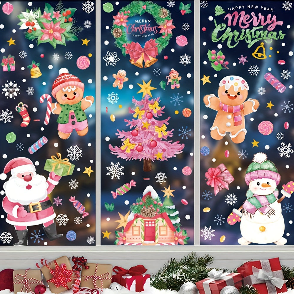 Holiday Window Sticker Set with Candy Canes, Snowman, Snowflakes, Static Clings, Garland, Elk, Santa Claus, and Glass Stickers