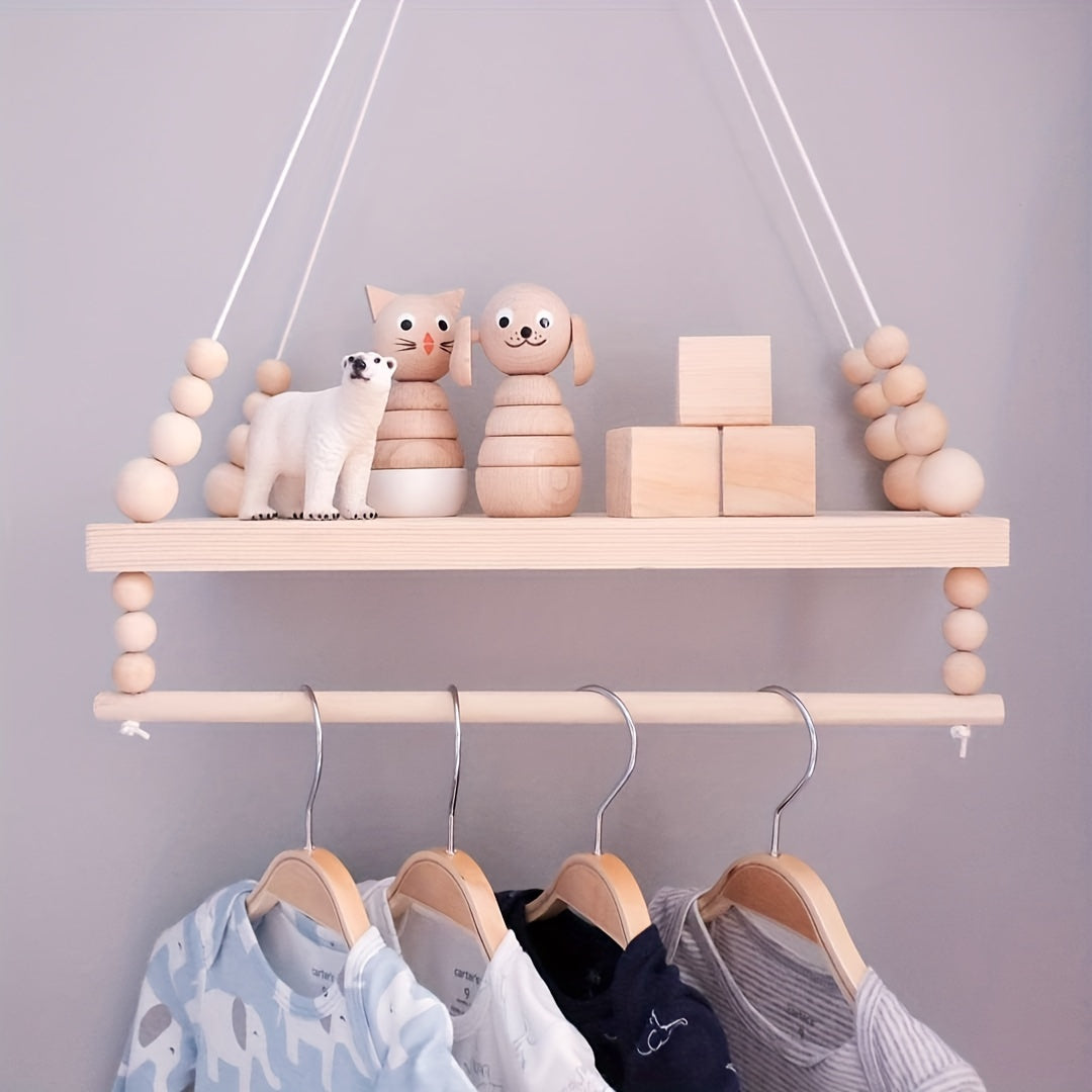 Enhance your home decor with this Bohemian-style wooden hanging shelf organizer! This 1-pack set includes wall-mounted floating shelves with a towel bar, perfect for displaying nursery room items and storing plants. Suitable for use in the living room or