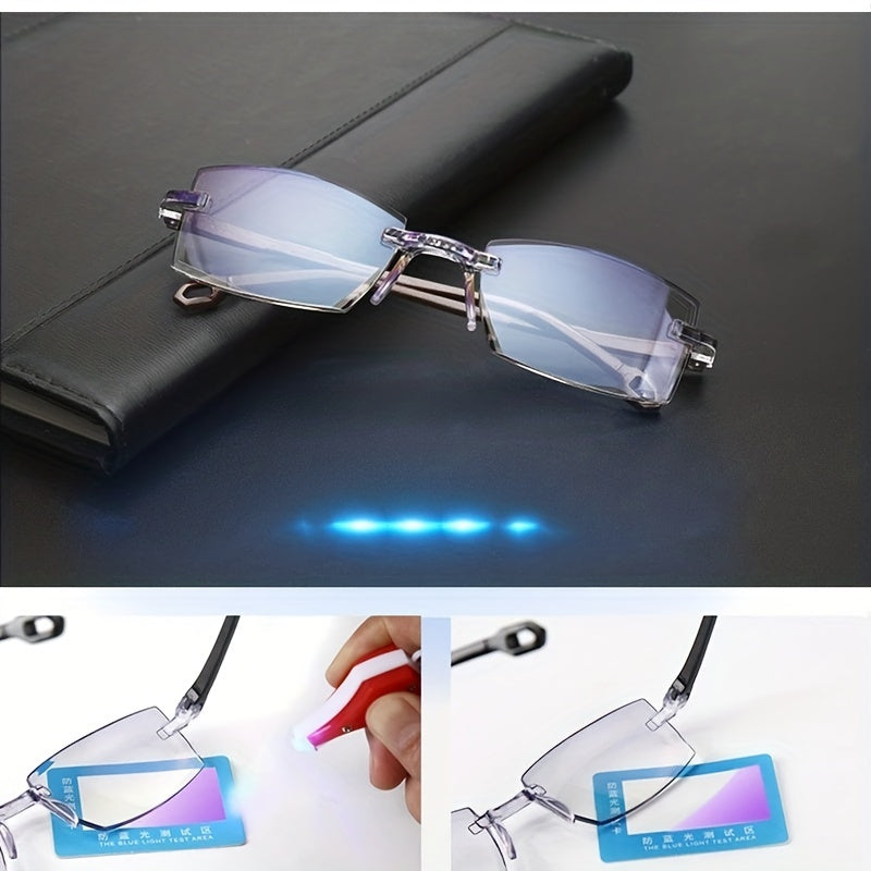 Bifocal reading glasses with clear lenses for women and men to reduce eyestrain while using computers.