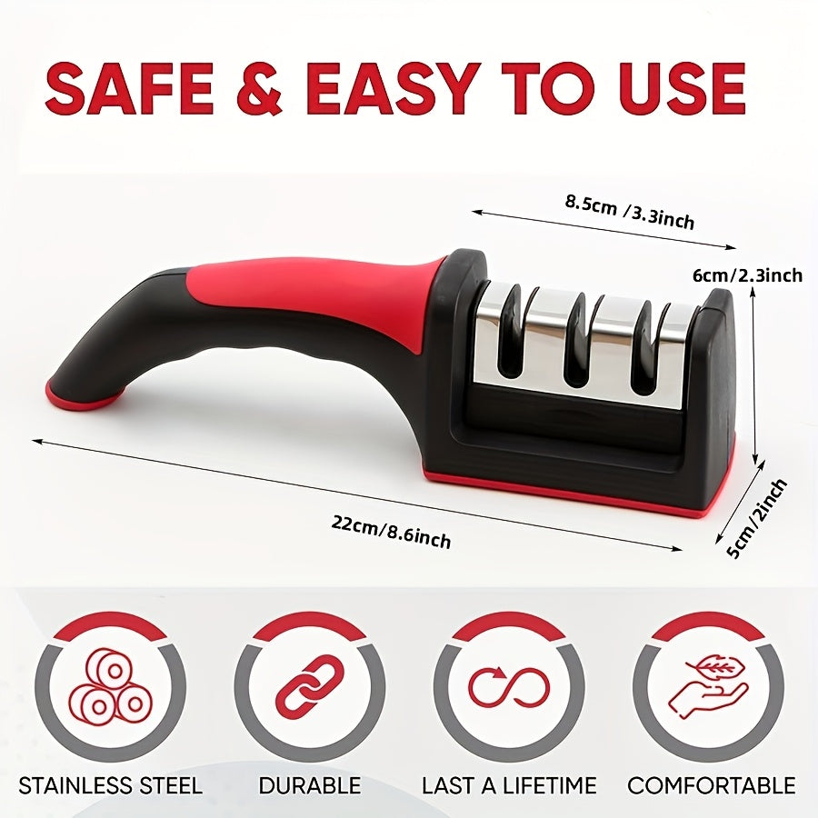 One piece 3-in-1 portable knife sharpener for manual, medium grit metal sharpening. This non-electric professional chef knife honing system is perfect for kitchen cookware accessories.