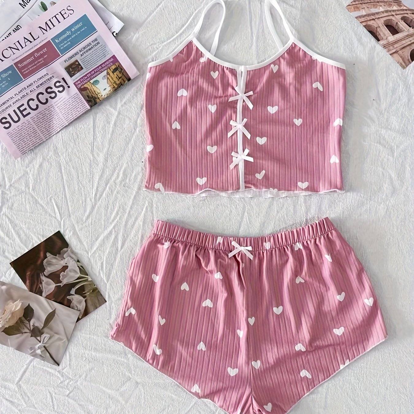 Heart Print Ribbed Pajama Set, Backless Crop Top & Shorts, Comfortable Summer Nightwear