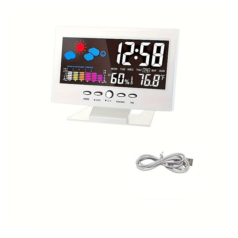 Voice controlled digital weather clock with backlight, temperature, humidity, and weather forecast. Includes USB cable, battery not included.