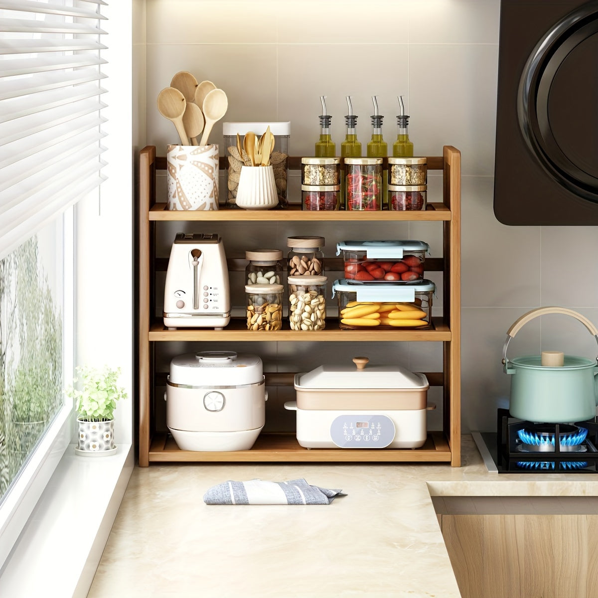 Large freestanding organizer made of brown hardwood, designed with open shelves for kitchen storage. Easy assembly with no power needed, perfect for home and kitchen use.