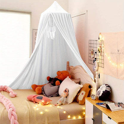 Princess style kids bed canopy made of soft polyester fabric, machine washable, dreamy mosquito netting. Perfect for a contemporary reading nook tent in a girls room. Indoor use, 100-120 gsm.